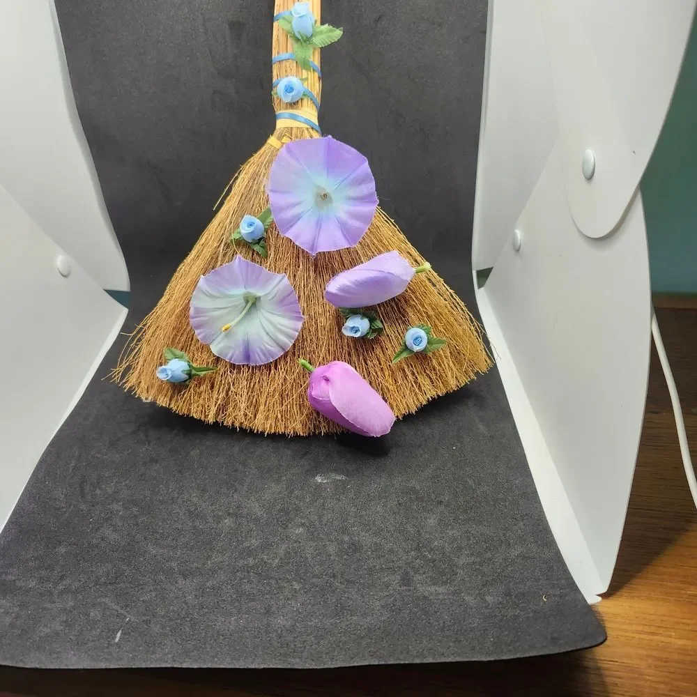 Hand Crafted Decorative Spring Broom  Purple Tulips Blue Morning GloryFlowers